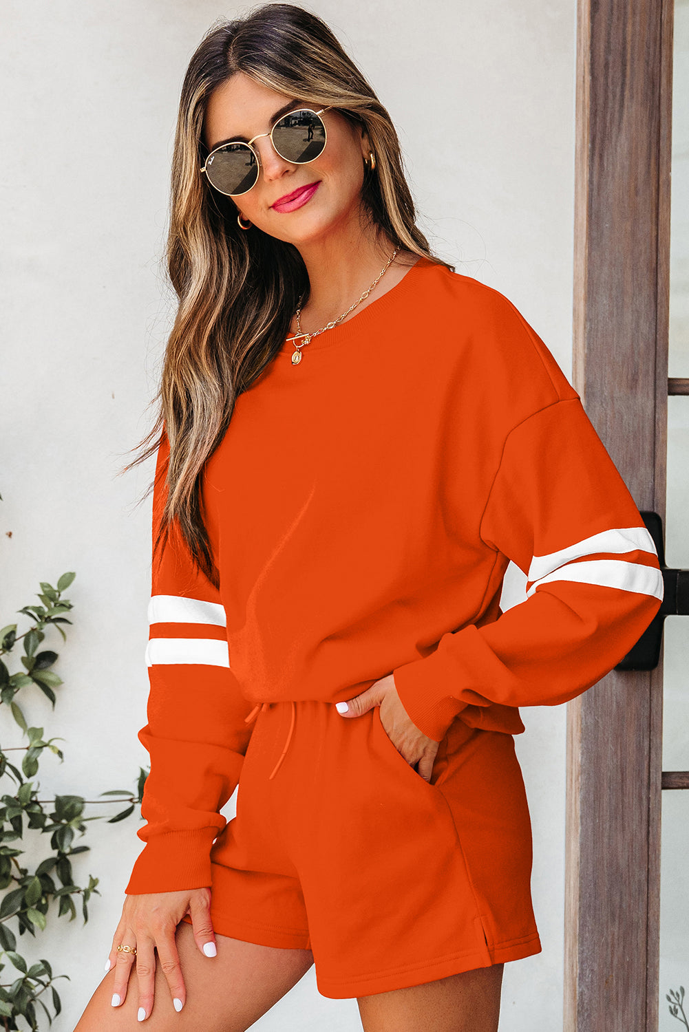 Black Varsity Striped Sleeve Drop Shoulder Sweatshirt and Short Set