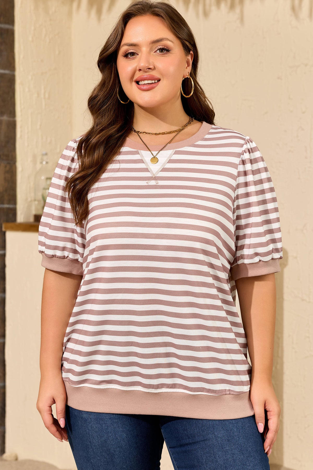 Orange Stripe Ribbed Trim Round-Neck Short Puff-Sleeve Plus T-Shirt