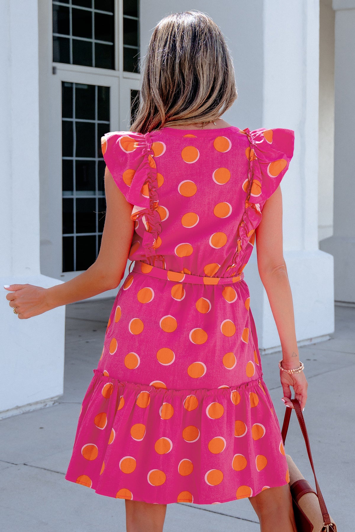Rose Polka Dot Ruffle V-Neck Mini Dress
