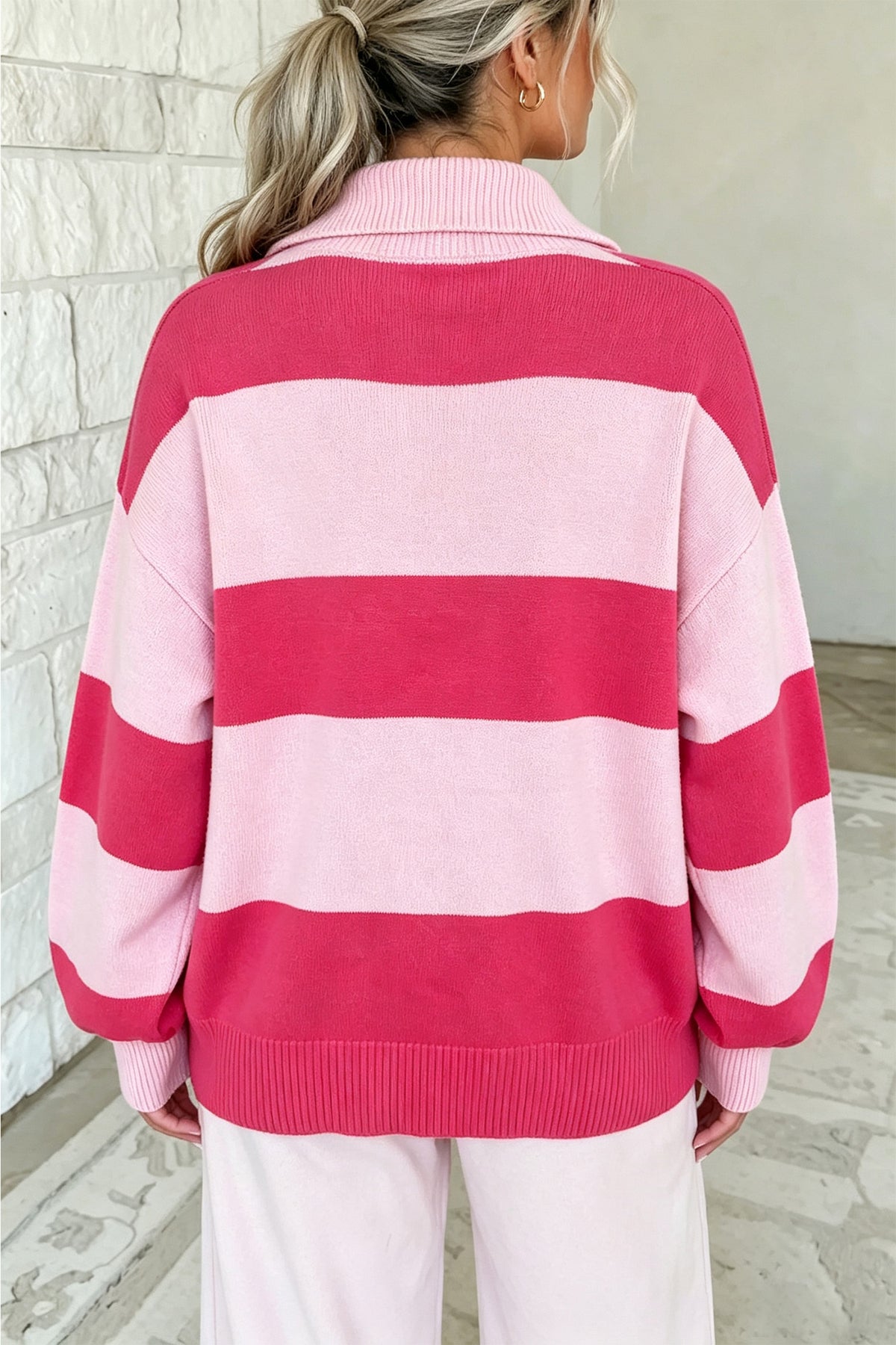 Strawberry Pink Stripe Color Block Zip Collar Sweater