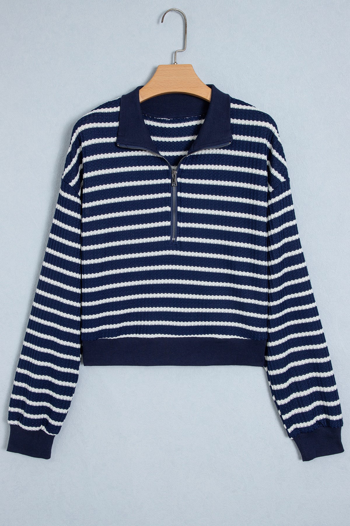 Blue Stripe Textured Knit Half Zip Collared Top