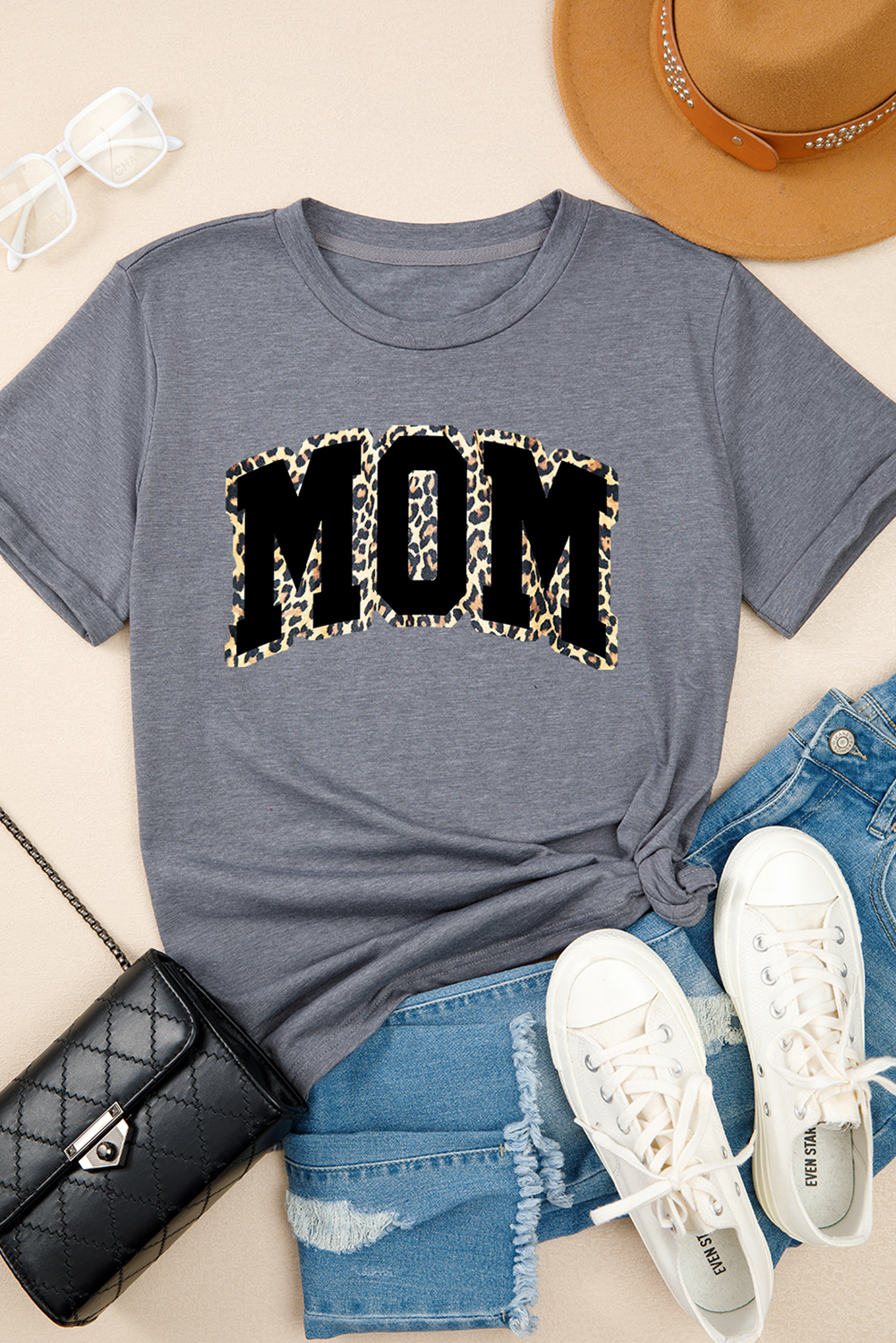 Gray Leopard MOM Graphic Crewneck Mothers Day T-Shirt