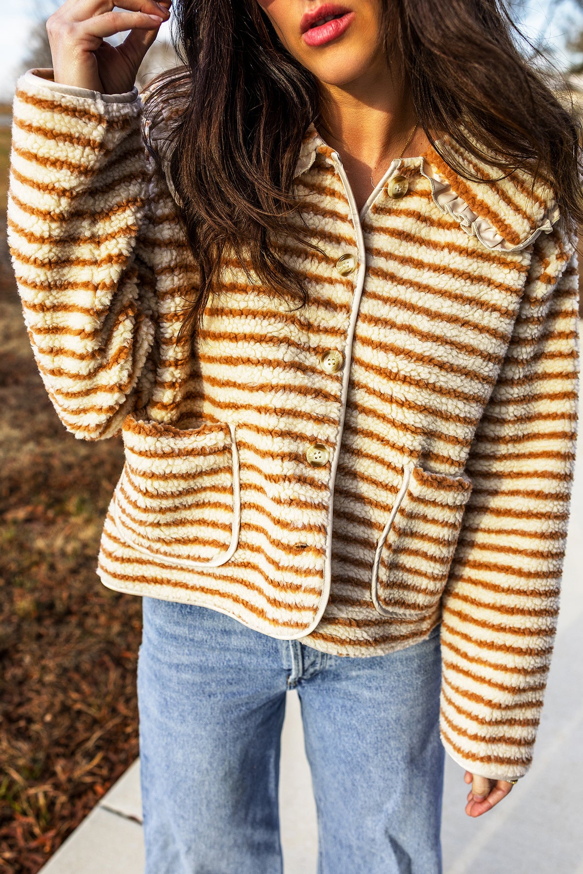Brown Stripe Fleece Long Sleeve Regular Fit Jacket