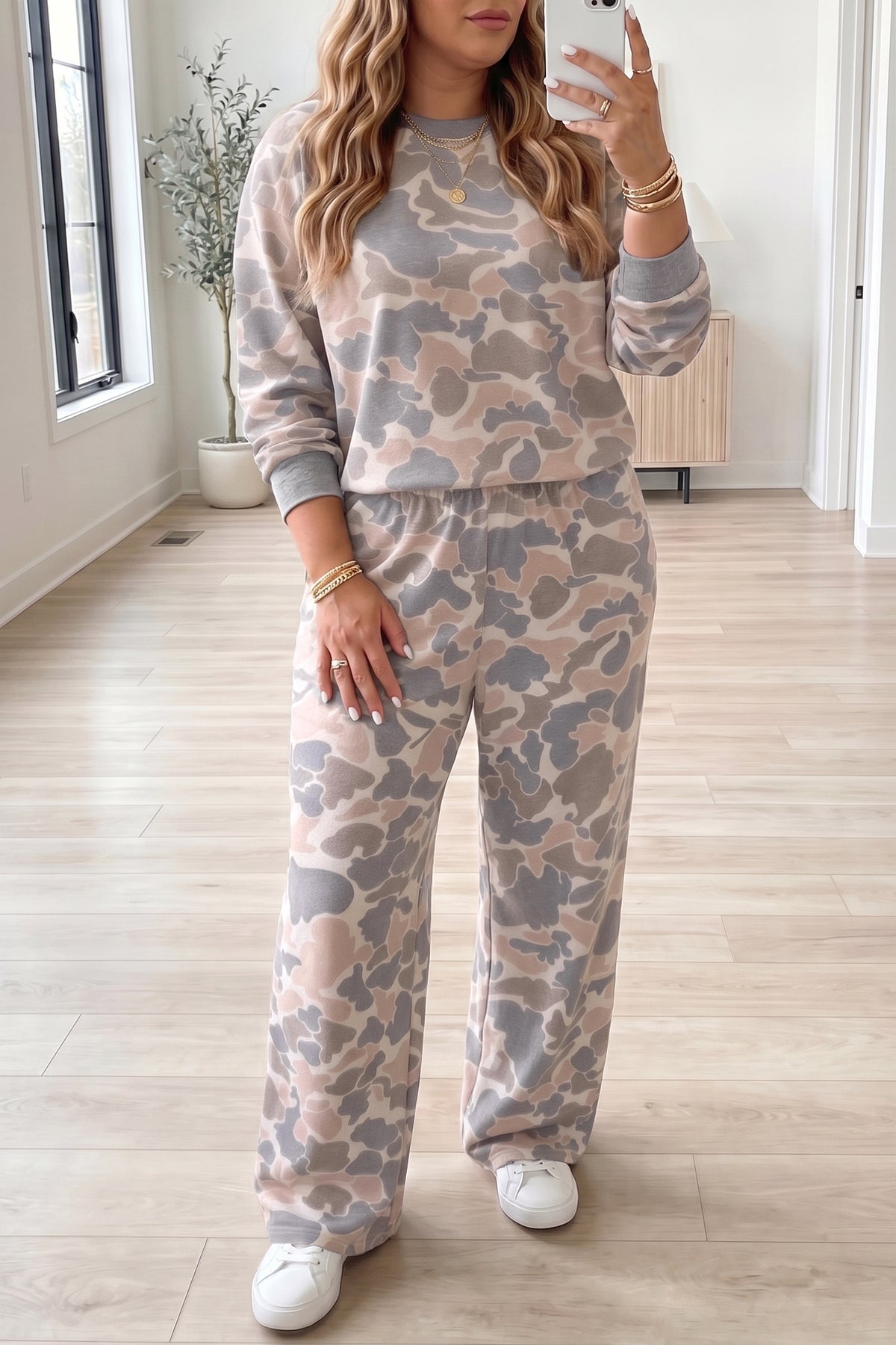 Multicolour Camouflage Long-Sleeve Round-Neck Two-Piece Plus Size Set