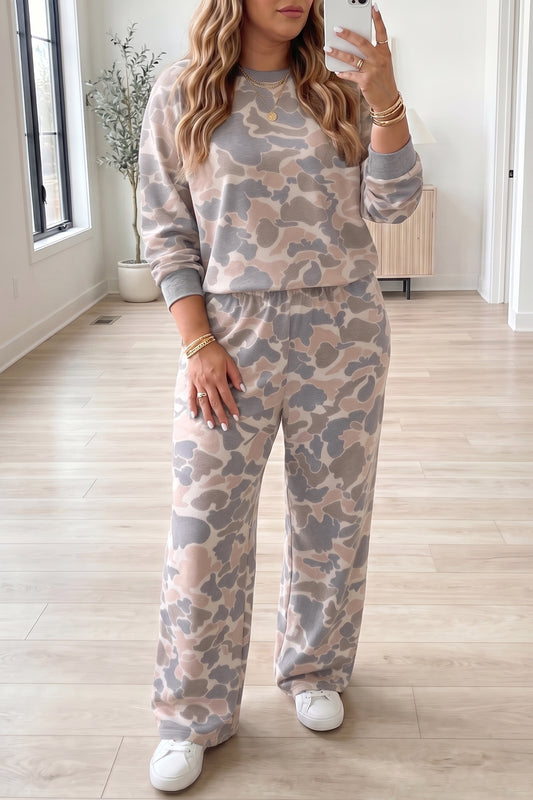 Multicolour Camouflage Round-Neck Two-Piece Plus Size Set