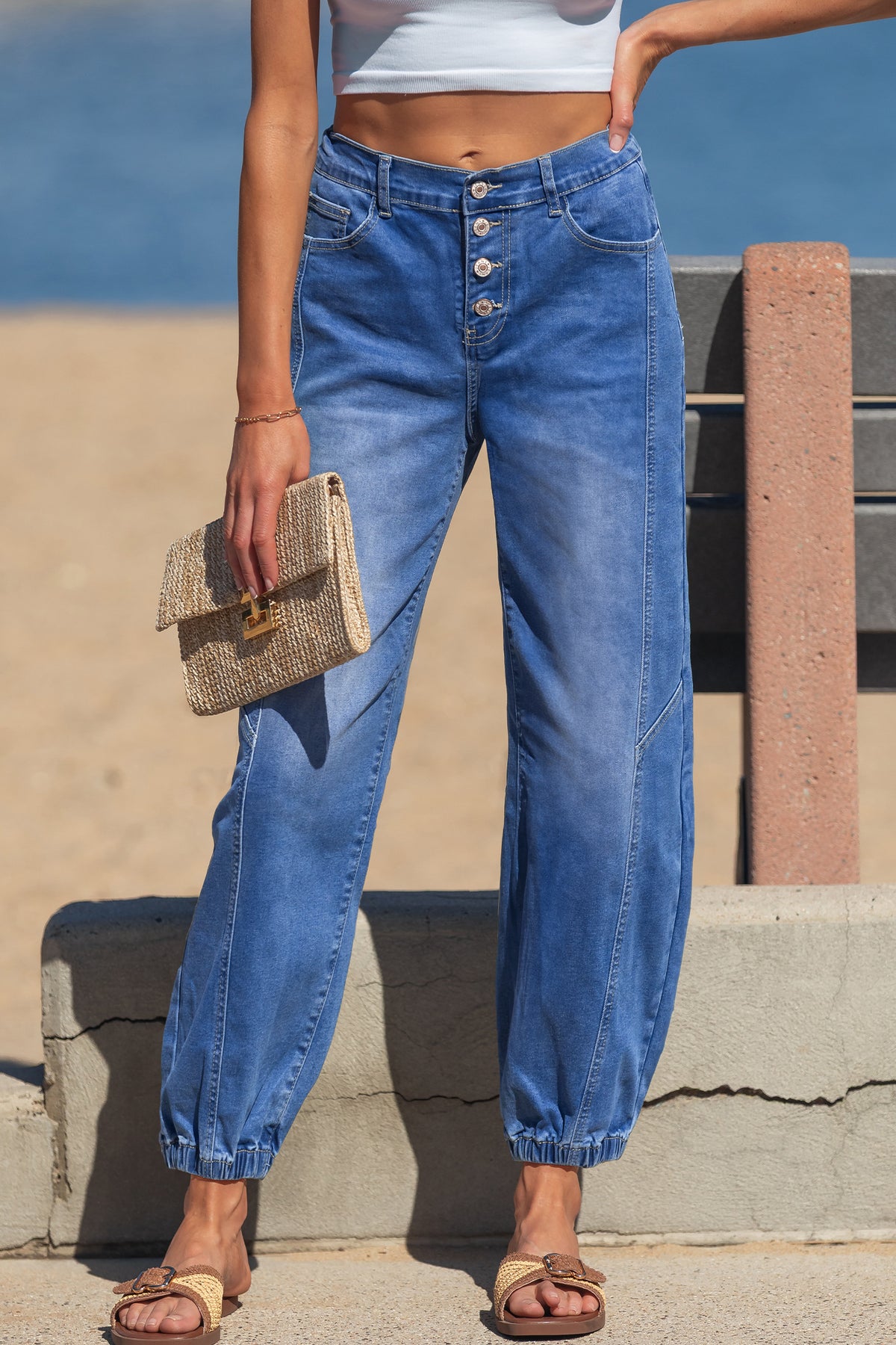 Blue 4 Buttons Front Tapered Casual Loose Fit Jeans