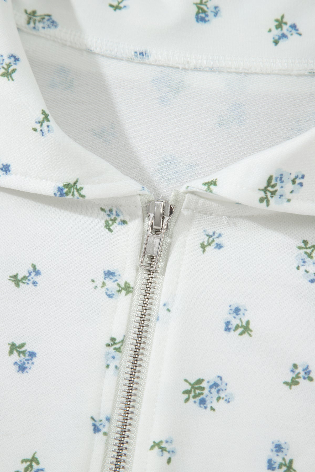Women's White Floral Print Half Zip Top Matching Shorts Set
