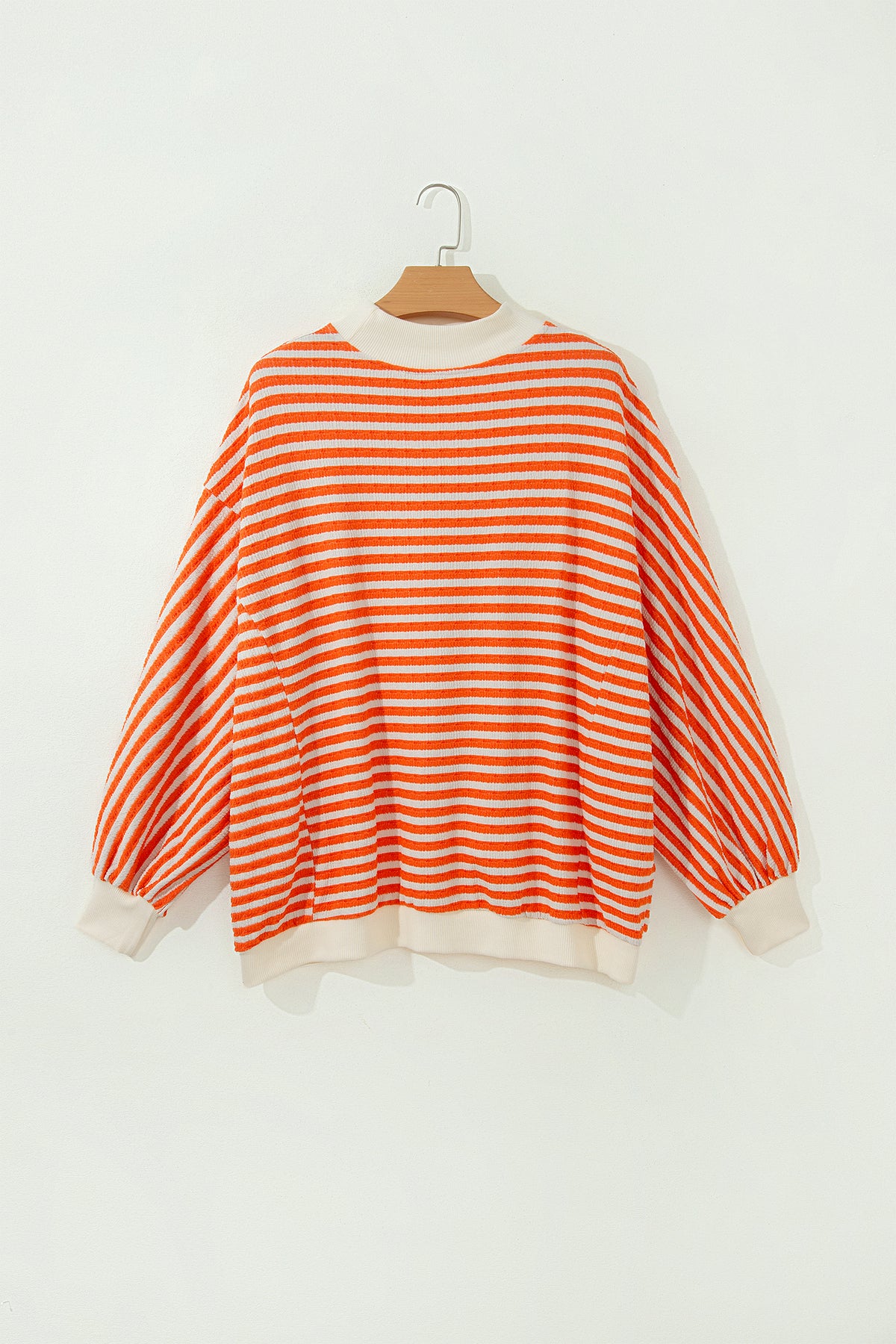 Orange Stripe Striped Textured Stand Neck Oversized Top