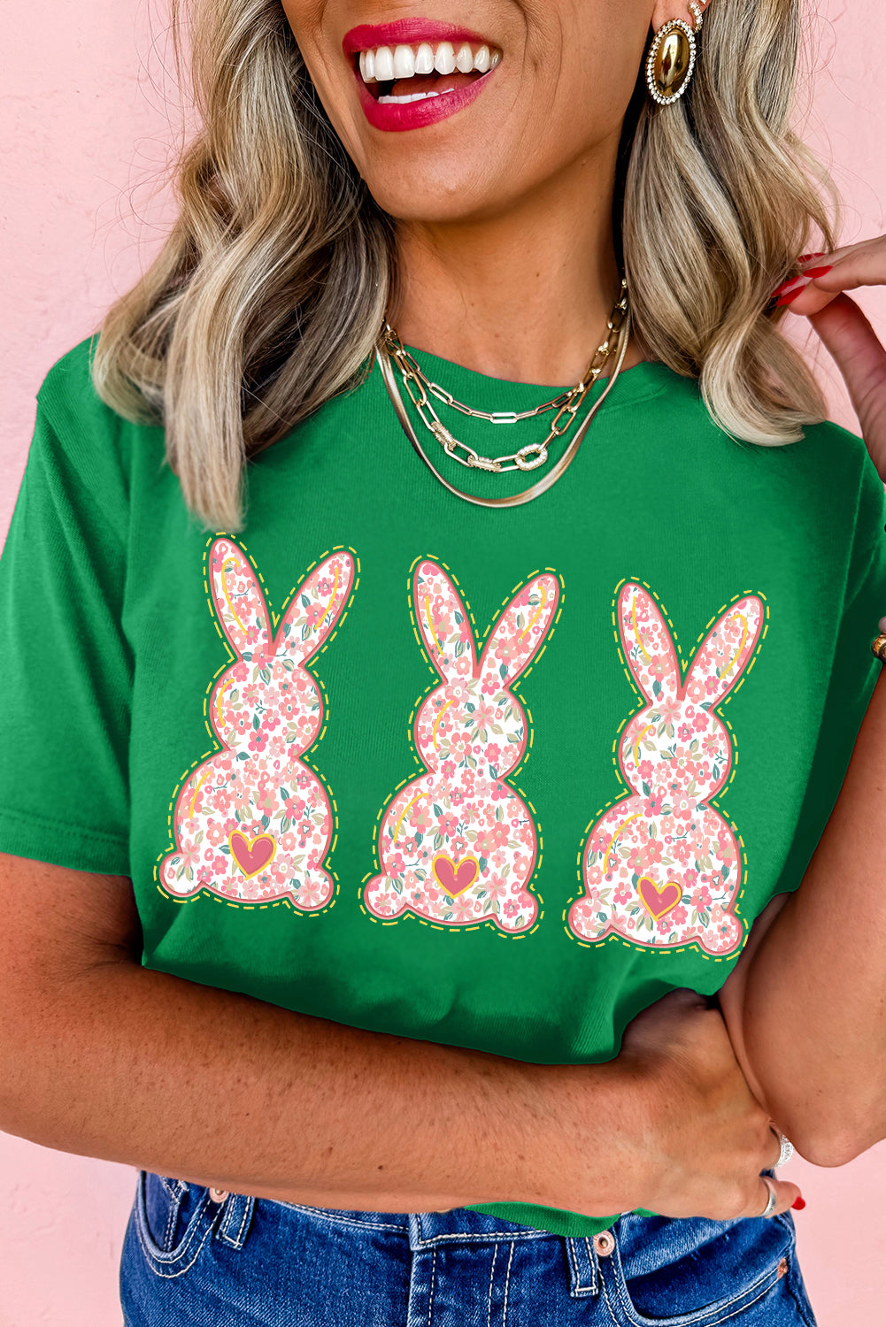 Bright Green Easter Floral Rabbit Print Crew Neck T-Shirt