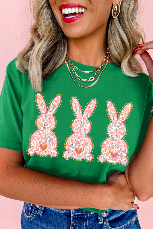 Bright Green Easter Floral Rabbit Print Crew Neck T-Shirt