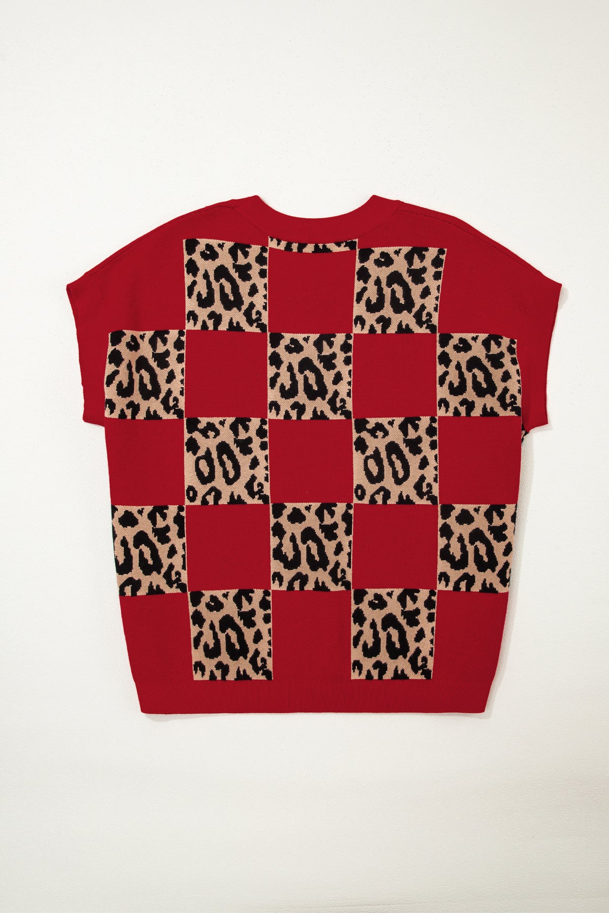 Red Plus Size Leopard Contrasted Checkered Short-Sleeve Sweater