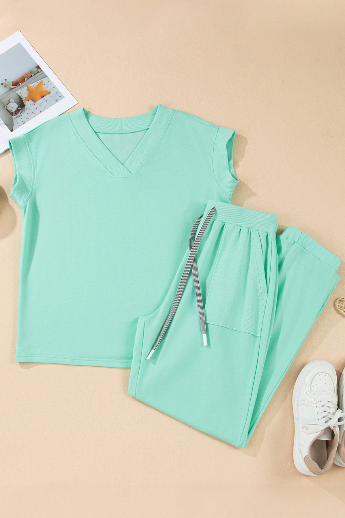 Apricot Pink Solid Color V Neck Tee Drawstring Pant Set