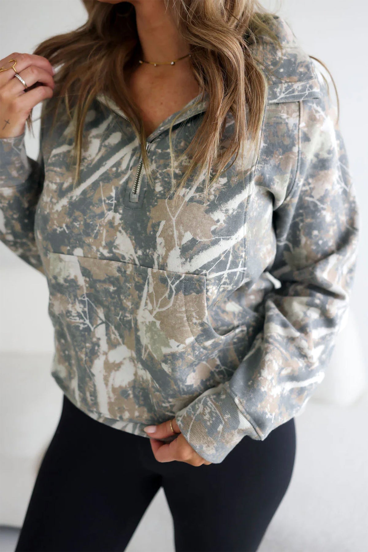 Multicolor Abstract Print Quarter Zip Kangaroo Pocket Sweatshirt
