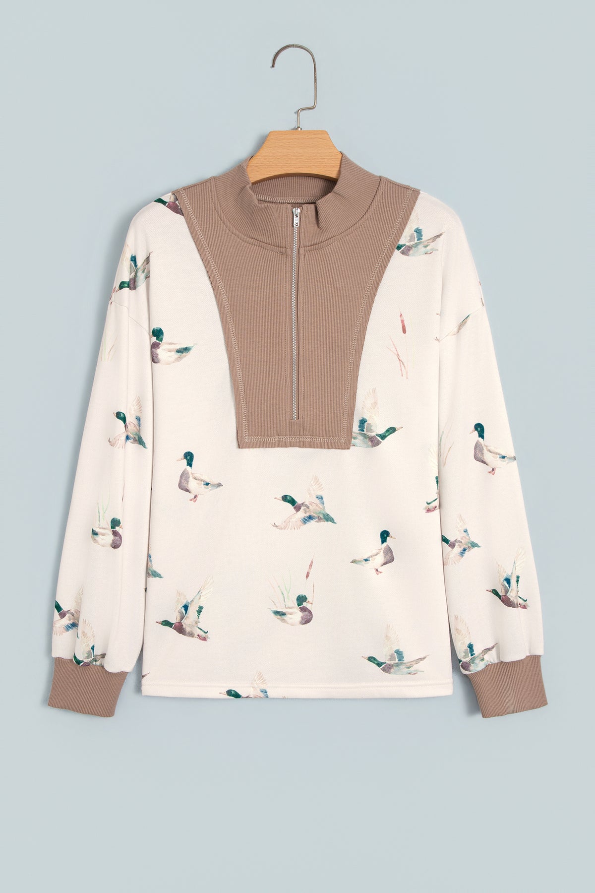 Beige Wild Mallard Print Color Block Zip Neck Tunic Top