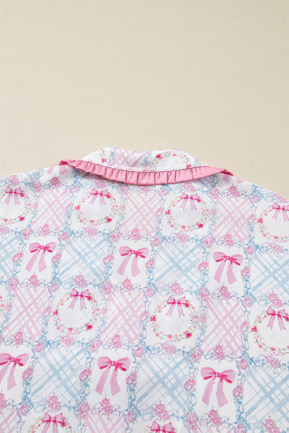 Pink Bow Wreath Christmas Tied Front Long Sleeve Pajama Set