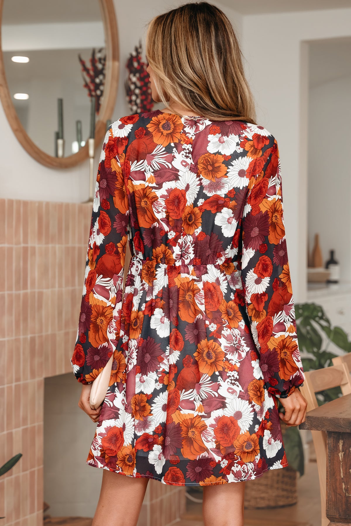 Red Floral Print Wrap V Neck Puff Sleeve Flowy Mini Dress