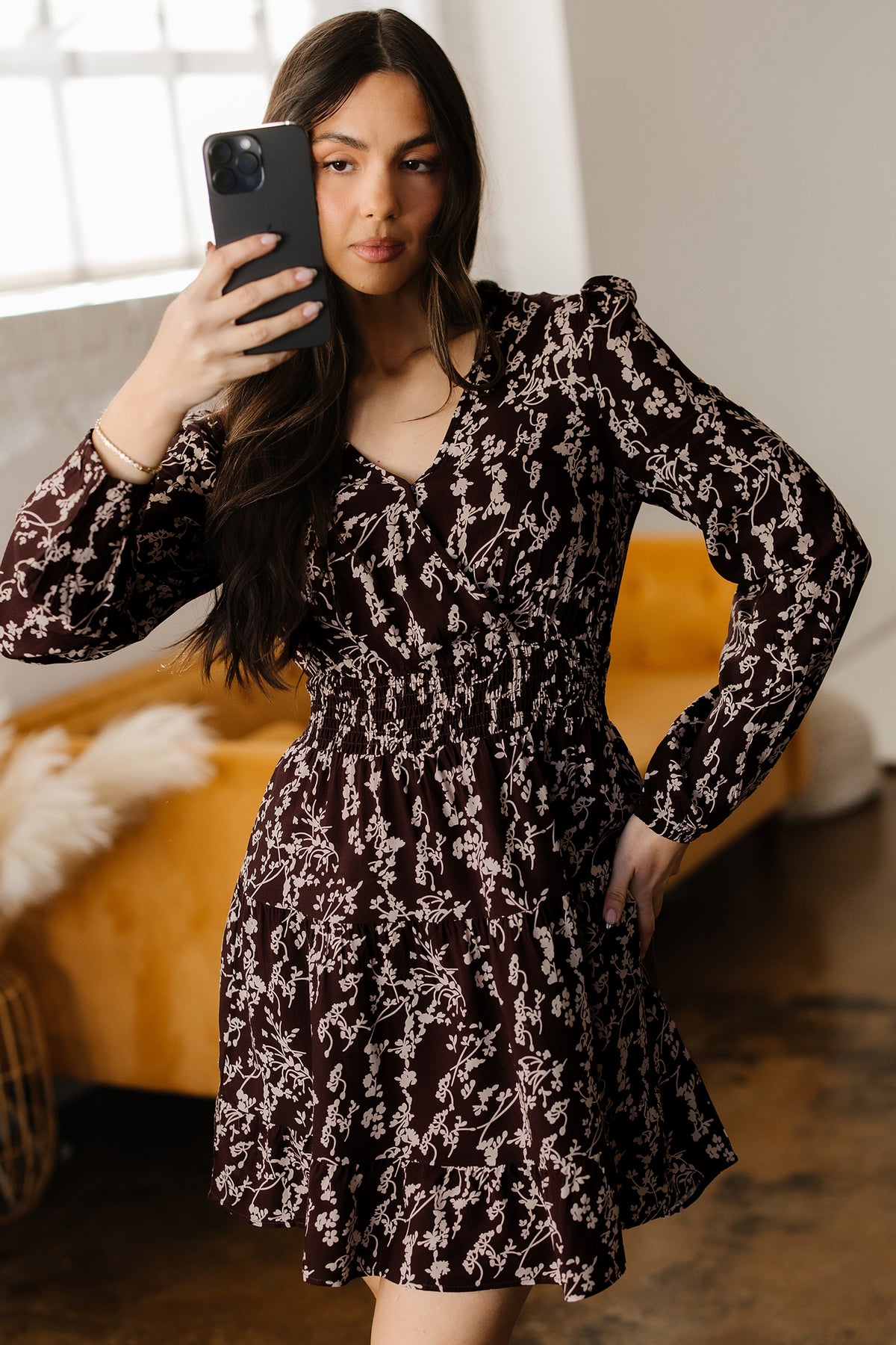 Brown Ditsy Floral Split Neck Shirred Waist Flared Mini Dress