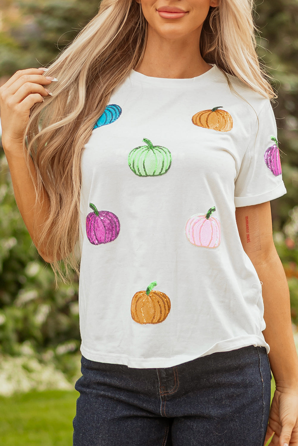 White Sequin Pumpkin Patched Cotton Blend T-Shirt