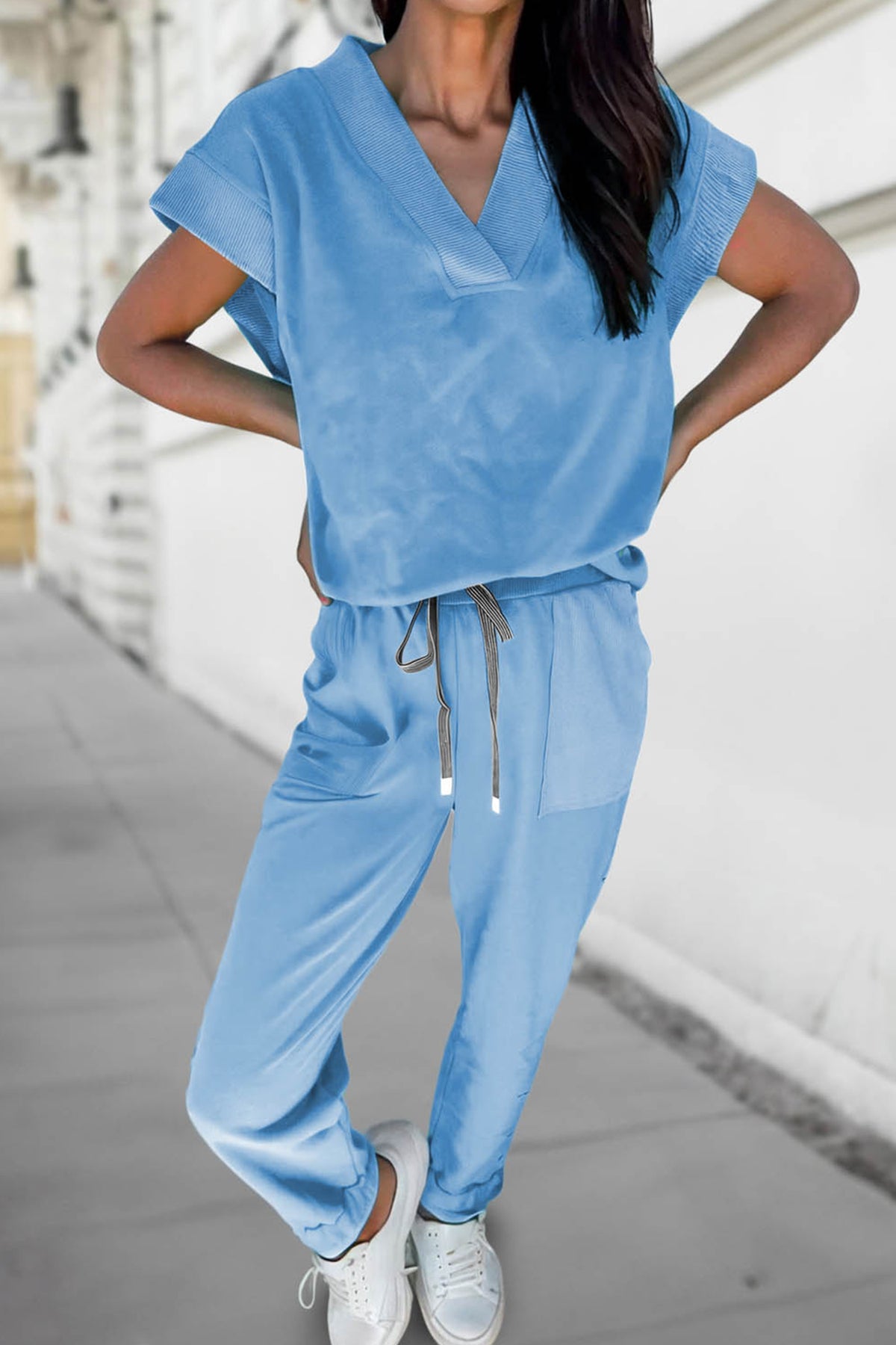 Apricot Pink Solid Color V Neck Tee Drawstring Pant Set