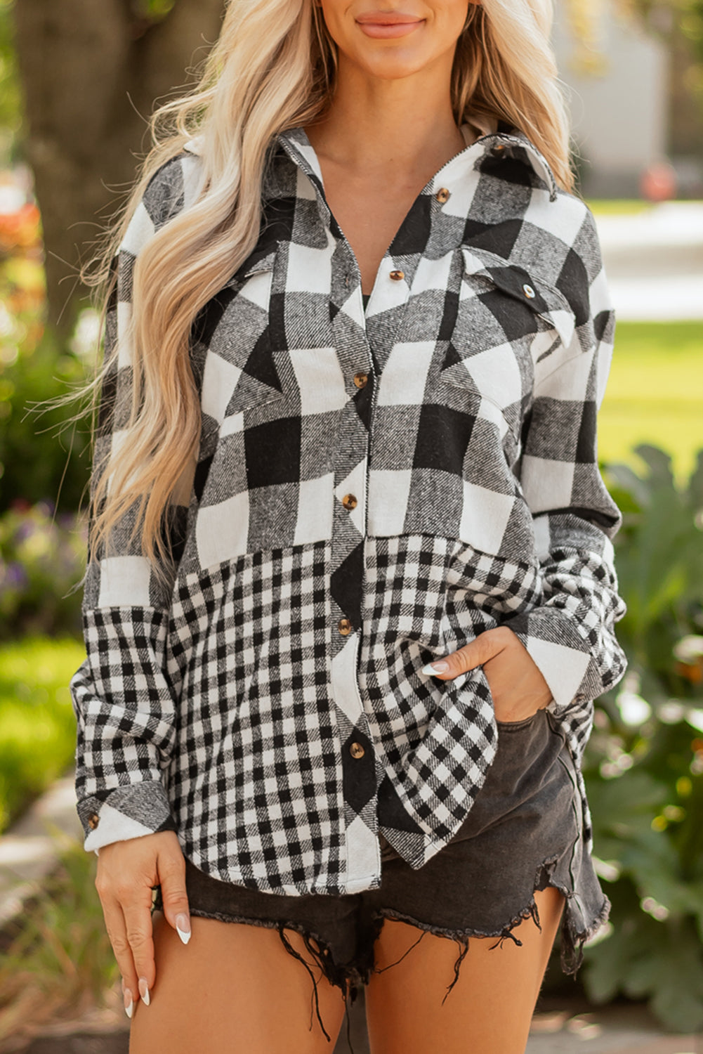 Black Double Plaid Patchwork Drawstring Hooded Shacket