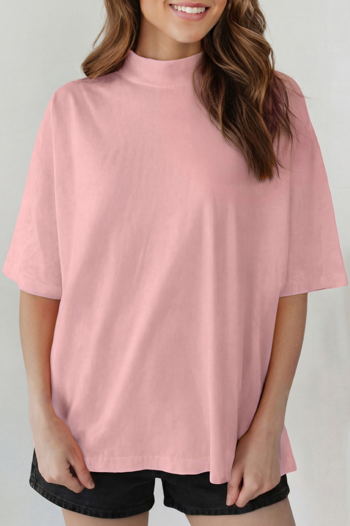 Pink Solid Color High Neck Oversize Tee