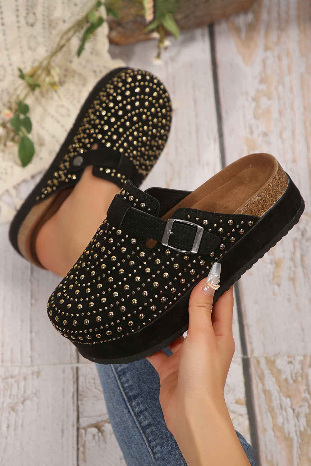 Black Rivet Buckle Closed Toe Platform Sandals