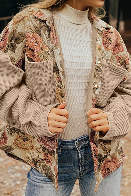 Khaki Floral Waffle Knit Patchwork Chest Pockets Buttoned Jacket