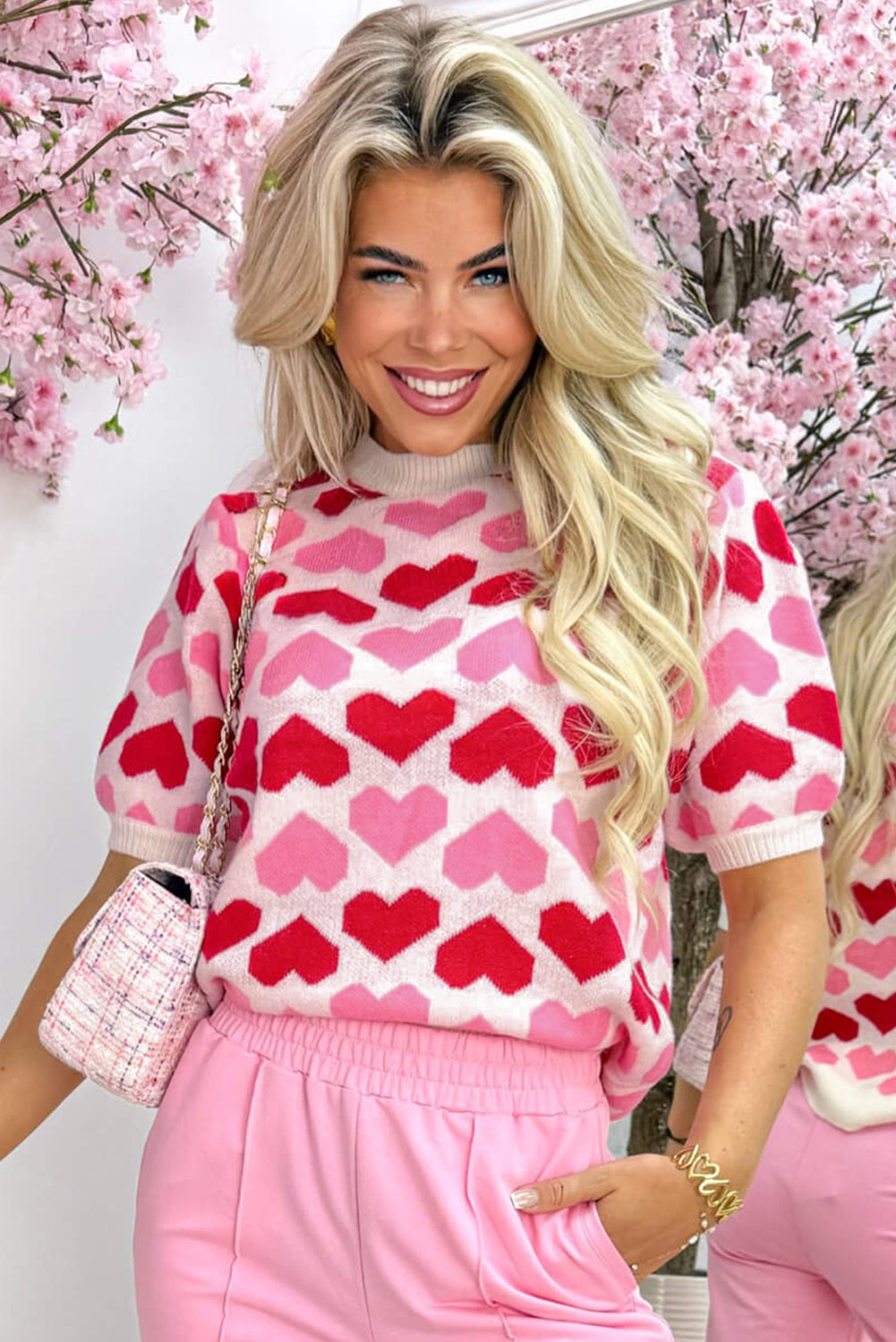Sachet Pink 2-tone Heart Print Valentine Crew Neck Short Sleeve Sweater