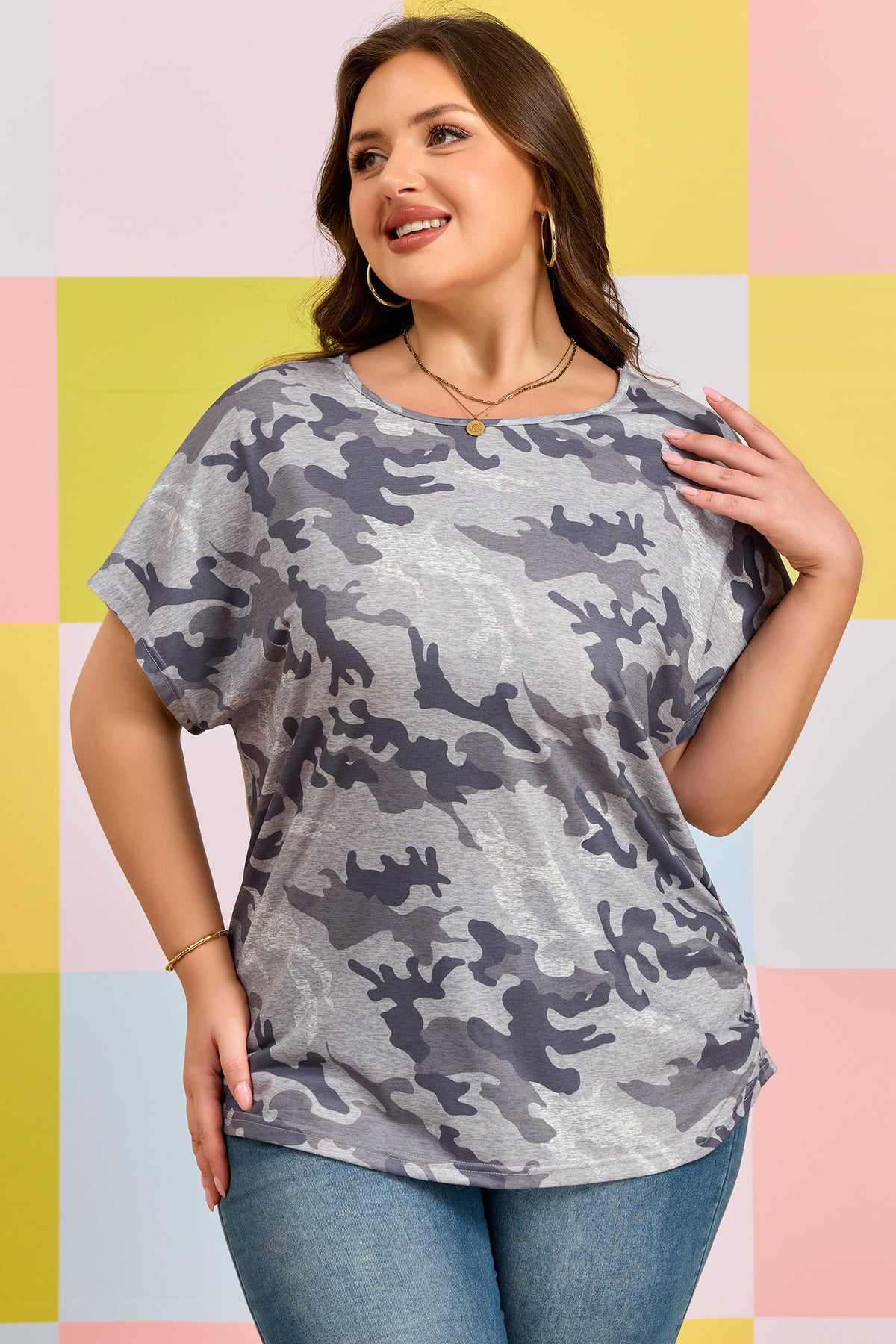 Gray Plus Size Camo Print Casual T-Shirt