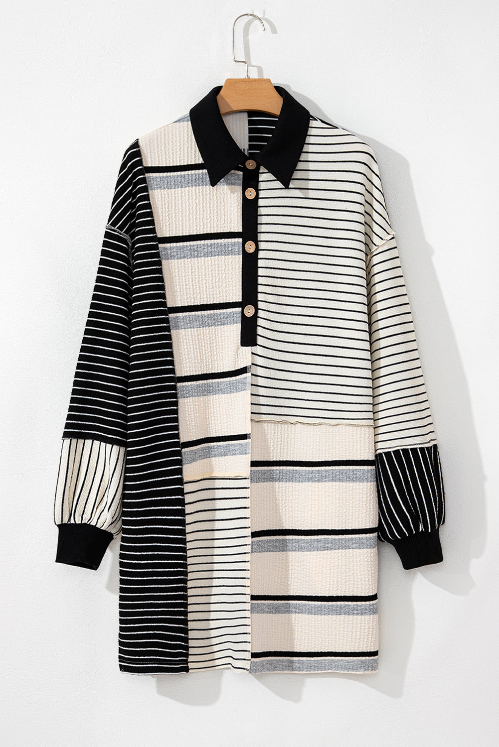 Black Stripe Colorblock Knit Henley Collar Shift Mini Dress