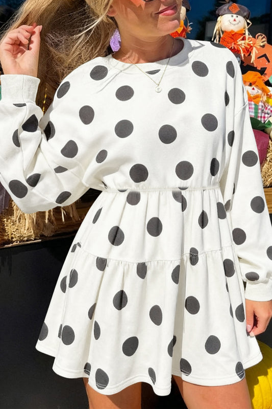 White Polka Dot Printed Long Sleeve Flared Mini Dress