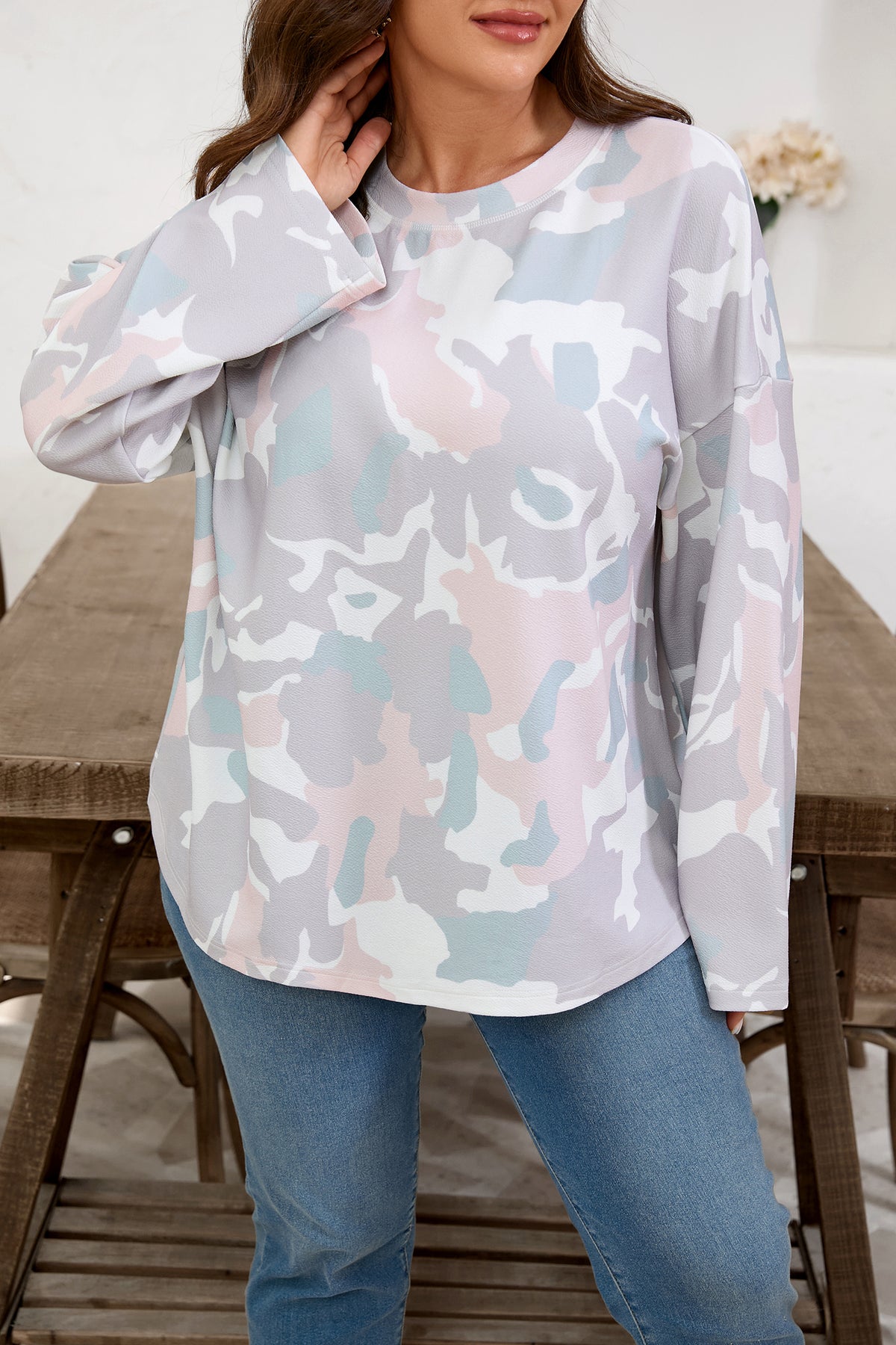 Green Plus Size Camouflage Print Drop-Shoulder Loose Pullover Top
