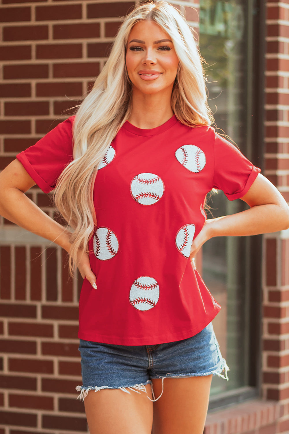 Red Glittering Rugby Pattern Crew Neck Game Day T-Shirt