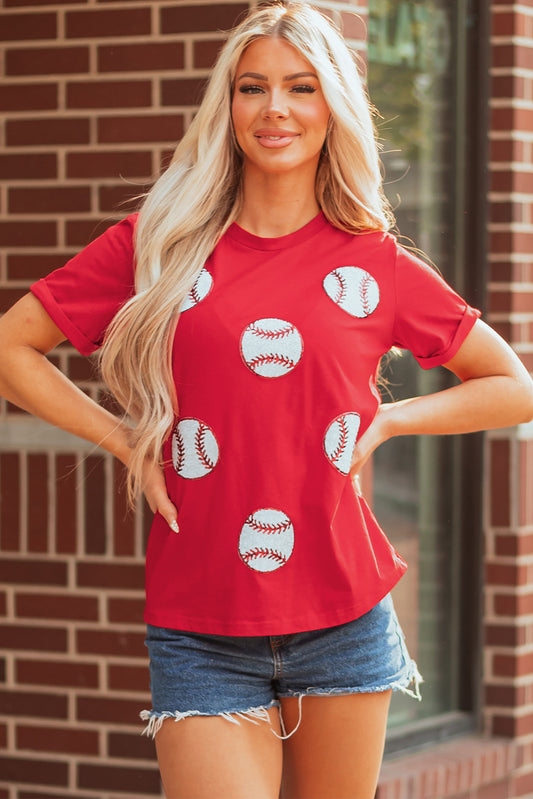 Red Glittering Rugby Pattern Crew Neck Game Day T-Shirt