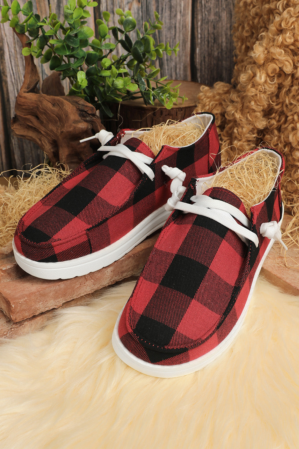 Fiery Red Vintage Plaid Lace-Up Sneakers