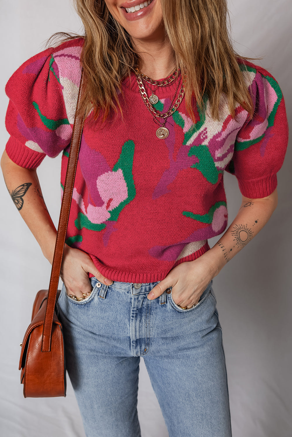 Red Floral Abstract Print Short Puff Sleeve Sweater