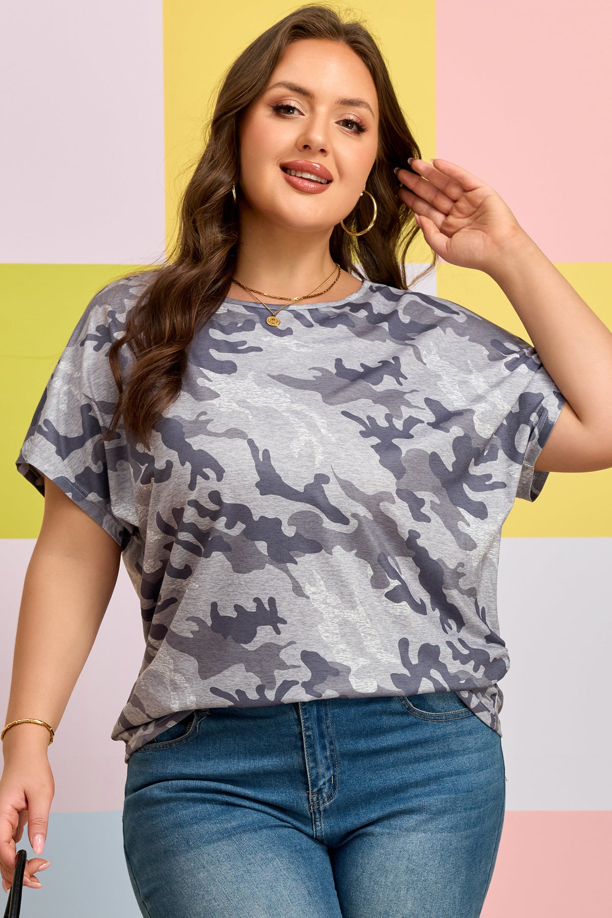 Gray Plus Size Camo Print Casual T-Shirt