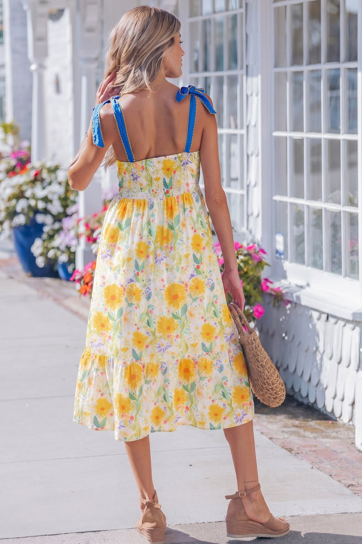Yellow Floral Print Contrast Stitched Denim Straps High Waist Dress