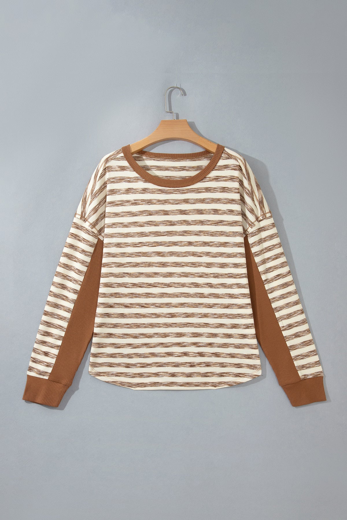 Brown Stripe Textured Knit Color Block Trim Round Neck Top
