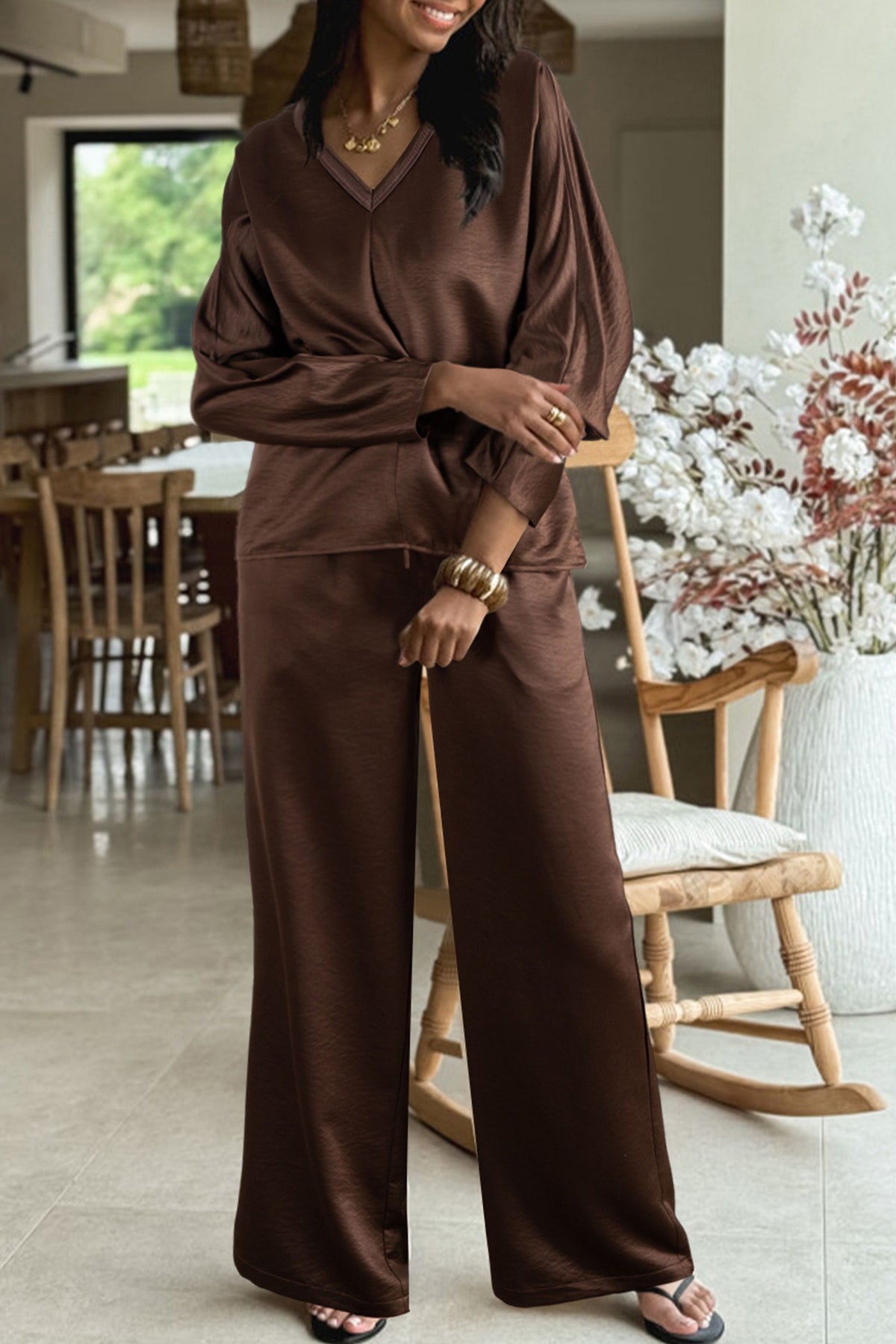 Women's Dark Brown Braided V-Neck Top & High-Waist Pants Two-Piece Outfit Set