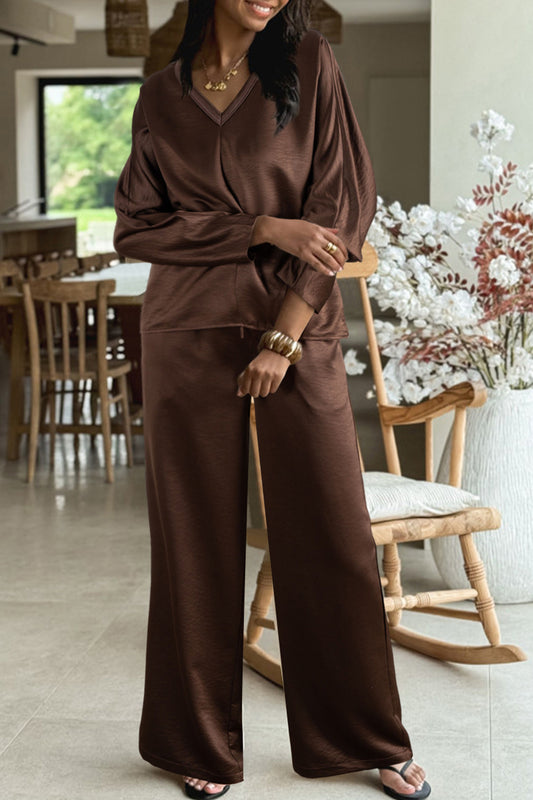 Women's Dark Brown Braided V-Neck Top & High-Waist Pants Two-Piece Outfit Set