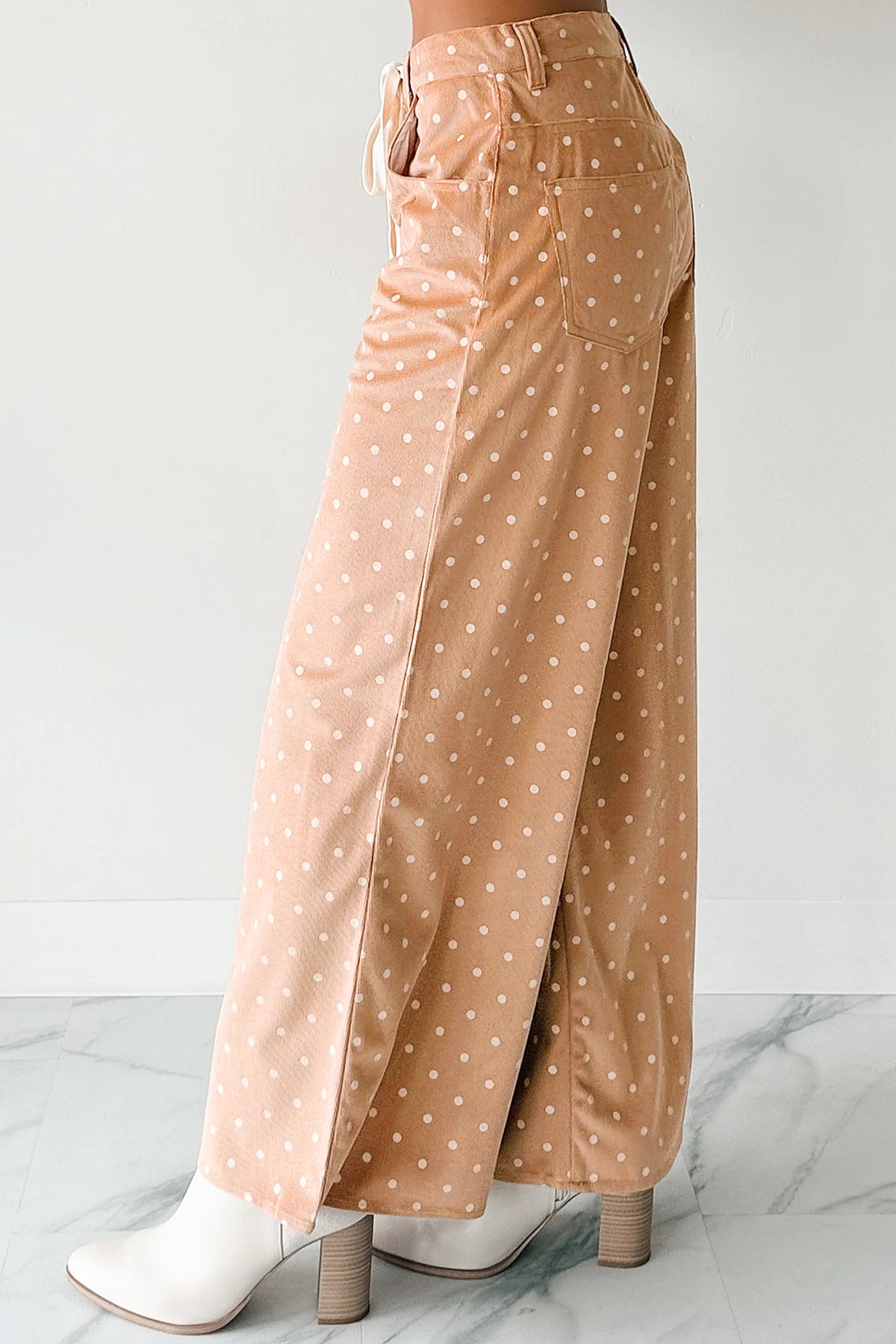 Khaki Polka Dot Print Drawstring Wide Leg Pants