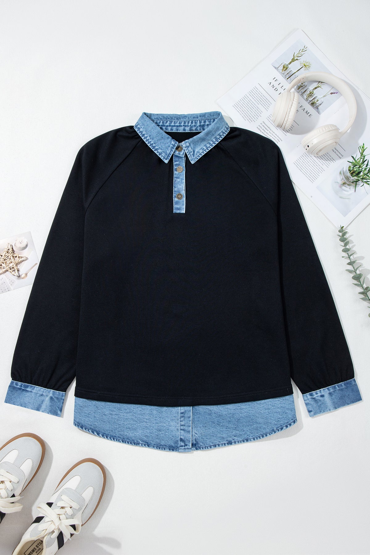 Black Solid Color-Block Long-Sleeve V-Neck Plus Size Blouse