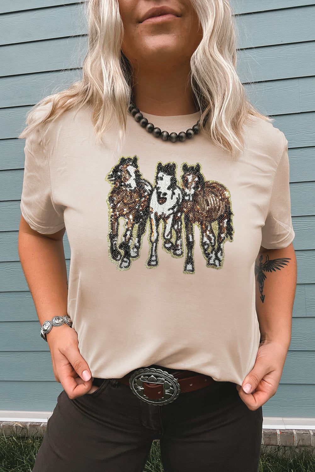 Khaki Sequin Horses Patched Casual Crewneck T-Shirt
