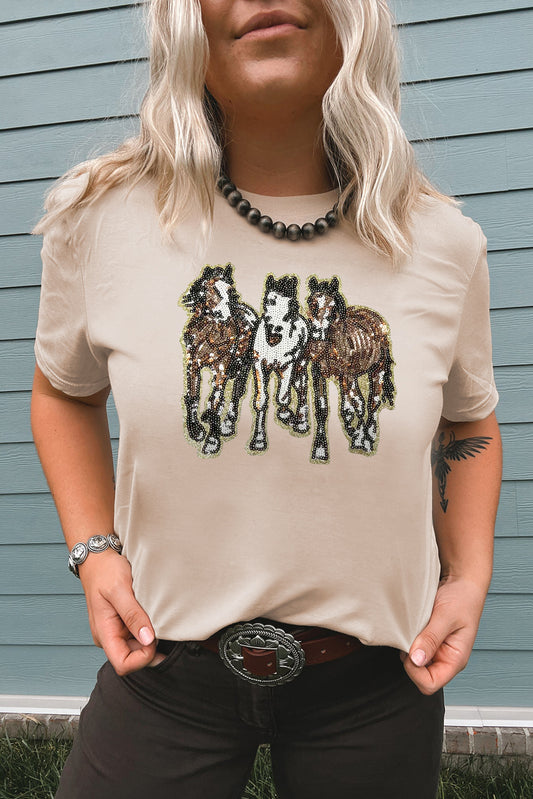 Khaki Sequin Horses Patched Casual Crewneck T-Shirt