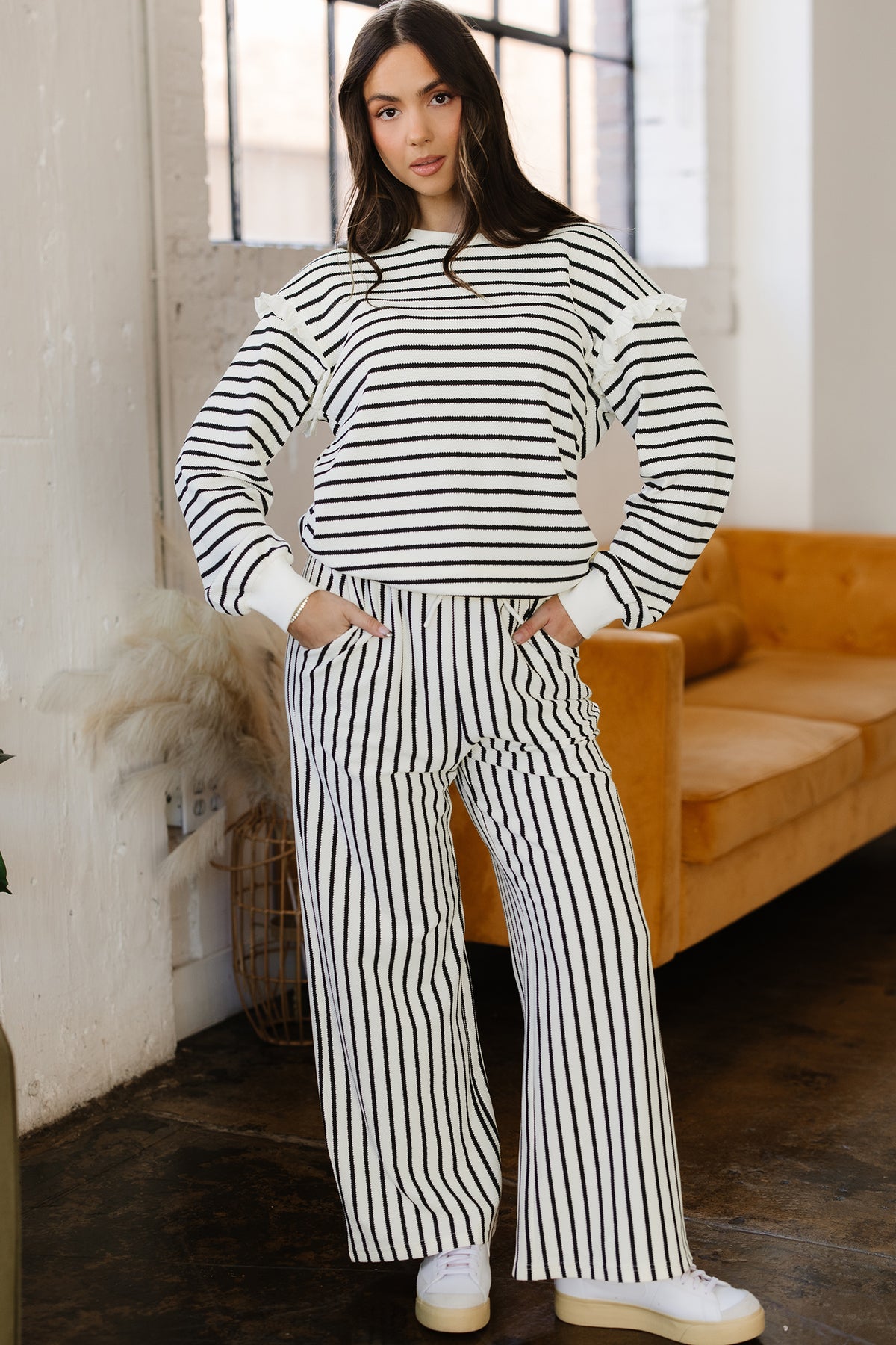 Women's White Stripe Ruffle Trim Drop Shoulder Top & Pants Two-Piece Set