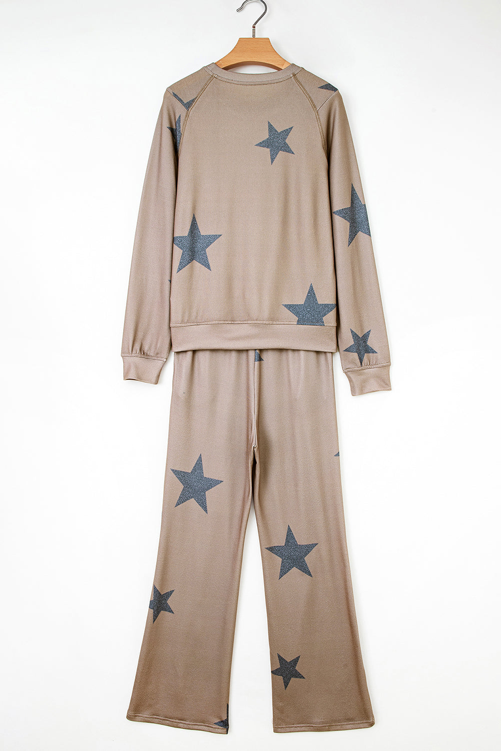 Khaki Retro Star Print Long Sleeve Drawstring Wide Leg Lounge Set