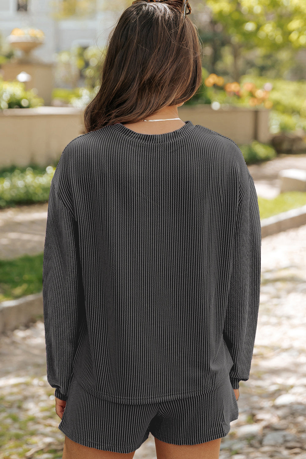 Women's Corded Knit Long-Sleeve Top & High-Waist Shorts Set