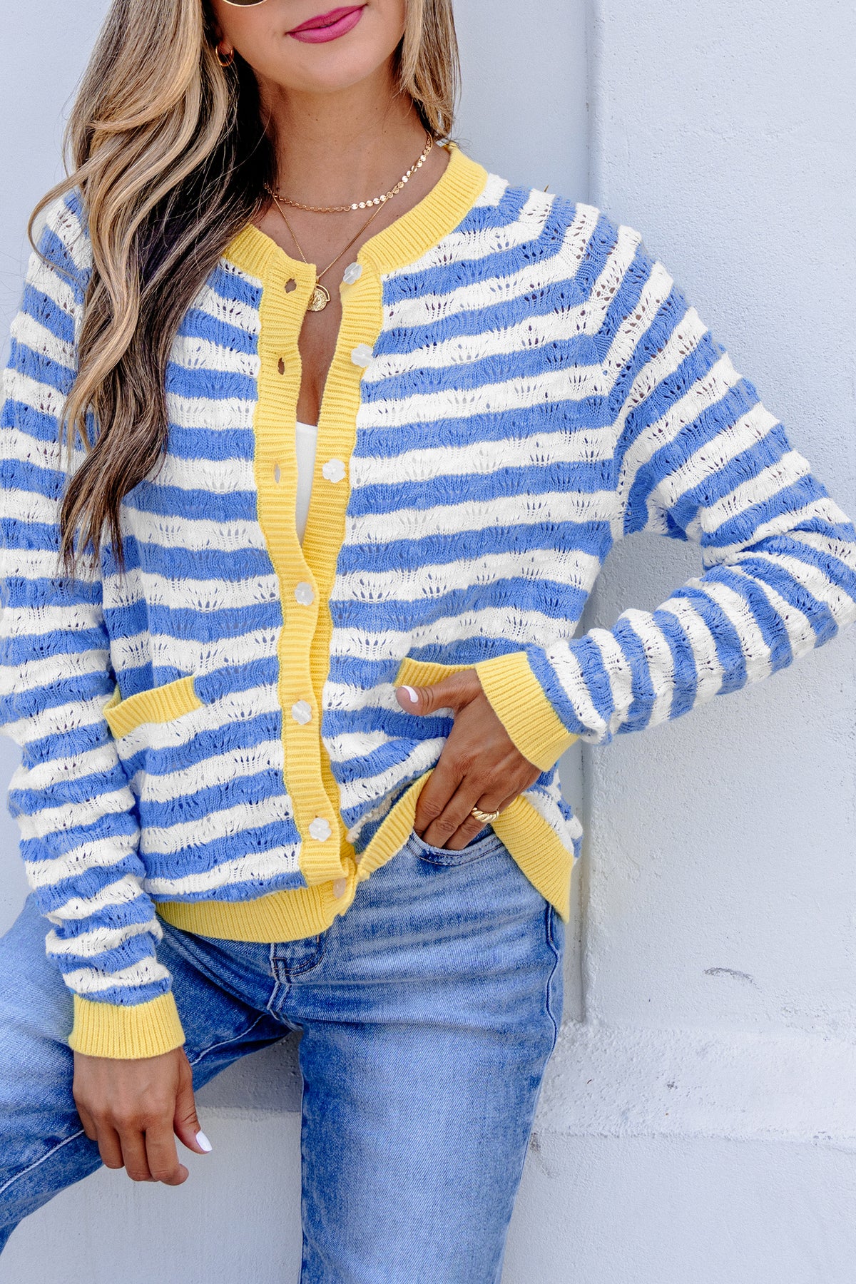 Sky Blue Stripe Striped Colorblock Button Front Long Sleeve Fit Knit Cardigan