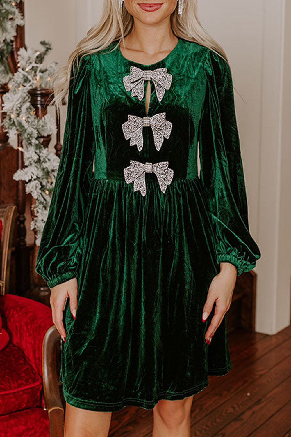 Evergreen Bowknot Decor High Waist Velvet Mini Dress